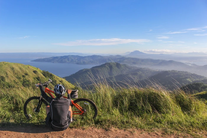 man Sitting Beside Bicycle activity background bike biker 2k 4k 5k