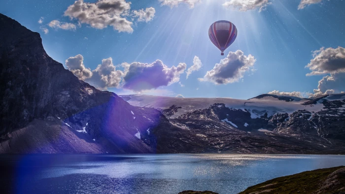 Norway wallpaper balloon lake mountains clouds 2k 4k 5k