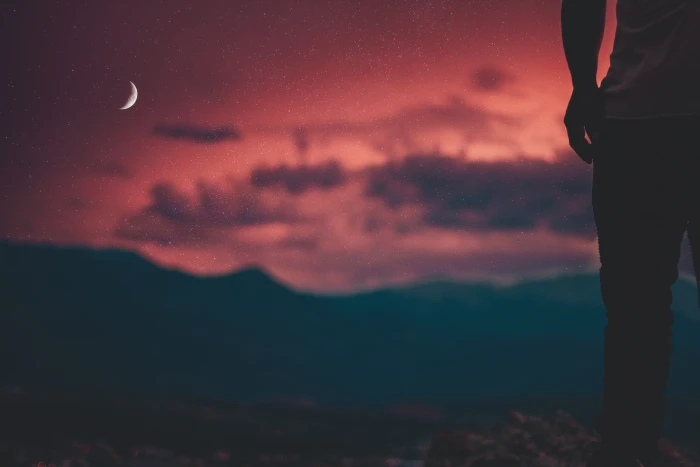 silhouette of man looking at moon person standing on mountain 2k 4k 5k
