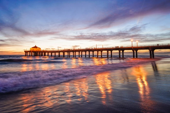 silhouette photo of boat dock under blue calm sky Sunset Manhattan Beach California 2k 4k 5k