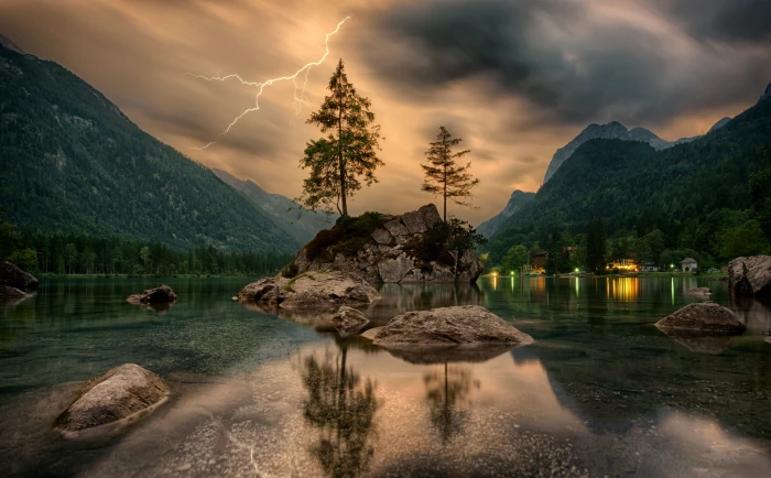 Thunderstorm with Lightning in Mountain body of water Nature 2k 4k 5k