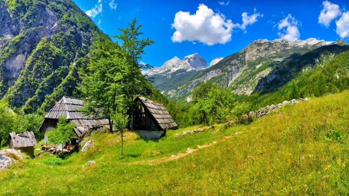 vegetation fluffy clouds julian alps soca valley house 2k 4k