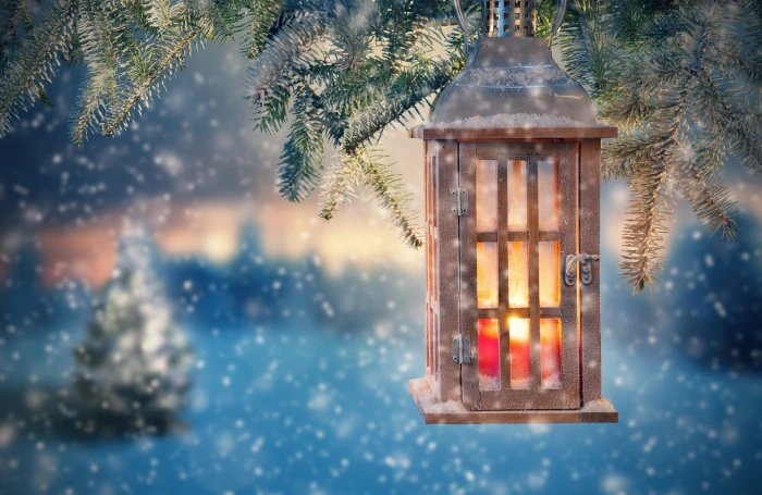 brown candle lantern snow decoration tree New Year Christmas 2k 4k 5k