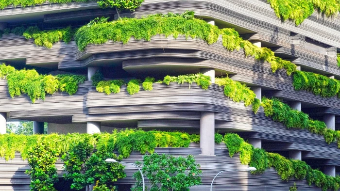 building with green plants abstract wallpaper trees 2k 4k