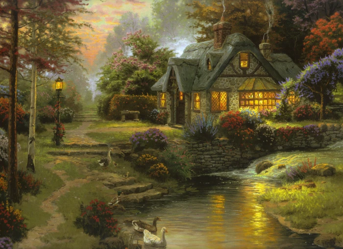 green and gray house painting summer sunset the evening river 2k 4k