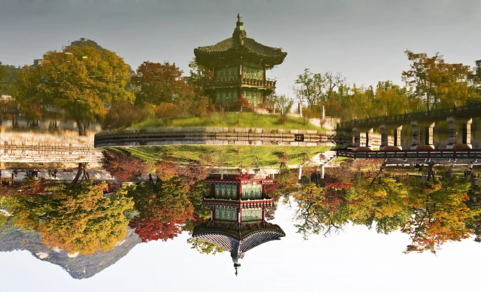 red and green temple near body of water facing garden gyeongbok palace 2k 4k