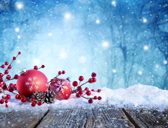 red bauble winter snow trees snowflakes branches nature 2k 4k 5k