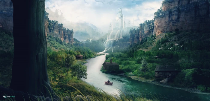 river in between trees and rock formation painting landscape 2k 4k 5k