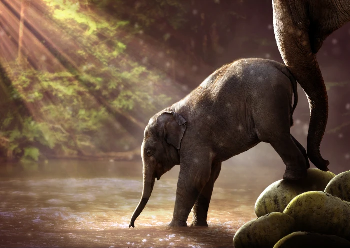 Baby elephant Mammals Elephants Sunlight River Forest 2k 4k 5k