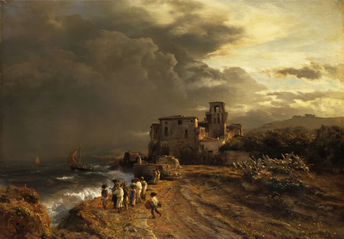 group of people near body water painting oswald achenbach 2k 4k 5k