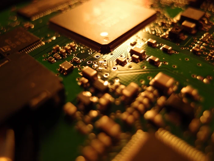 macro photo of green circuit board Computer Electronics solder joint 2k 4k