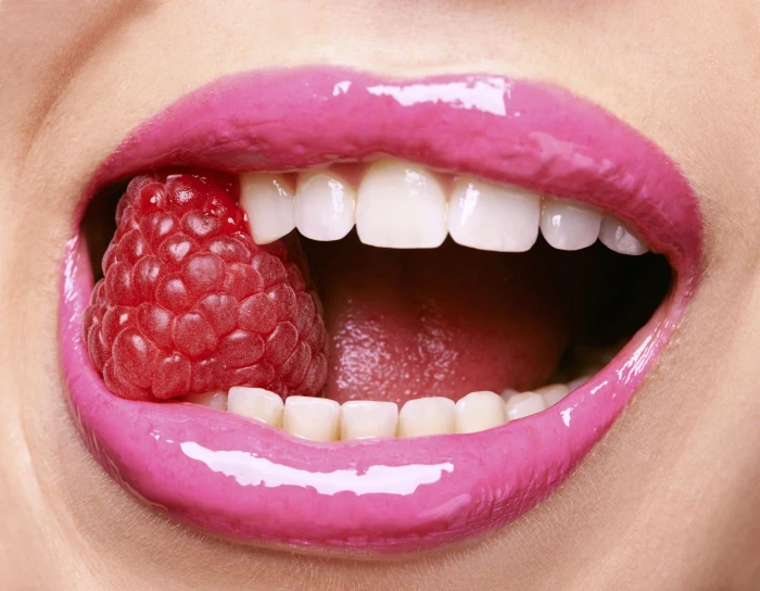 pink lipstick fruit open mouth macro red berries food raspberries 2k