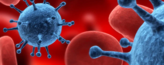 red blood cells and blue microorganisms digital art macro close up 2k