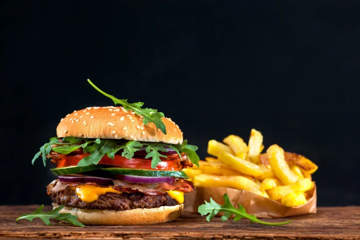 black background sandwich hamburger bokeh fast food French fries 2k 4k