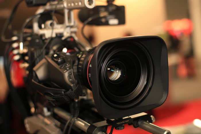 black camera lens with hood macro lights blur shooting colorful 2k 4k 5k