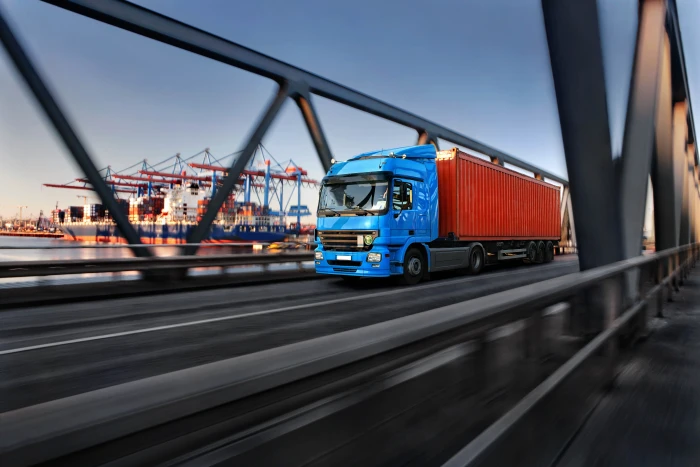 blue and red freight truck road bridge blur port car bokeh 2k 4k 5k