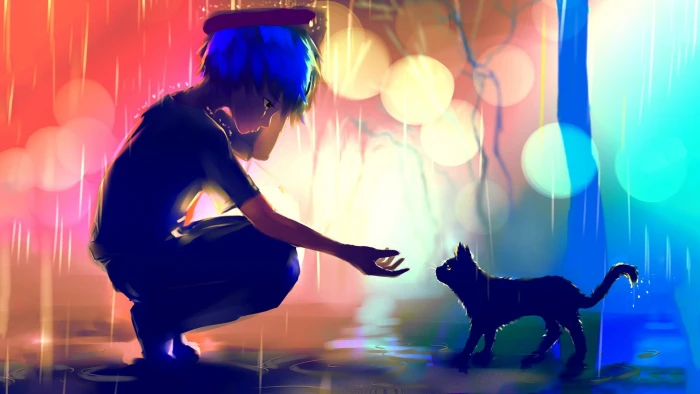 boy in the rain about to hold cat digital wallpaper blue haired anime painting 2k