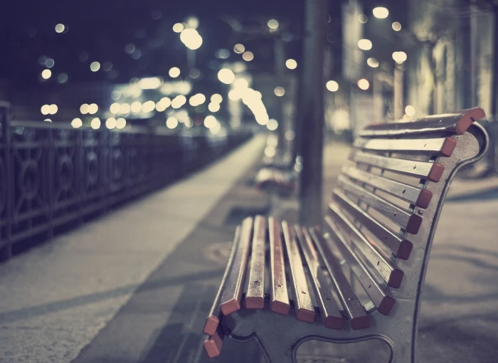 brown wooden bench lights path night city beige street 2k