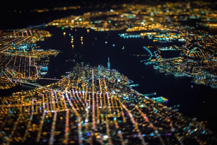 lighted islands tilt shift photo earial view of building 2k
