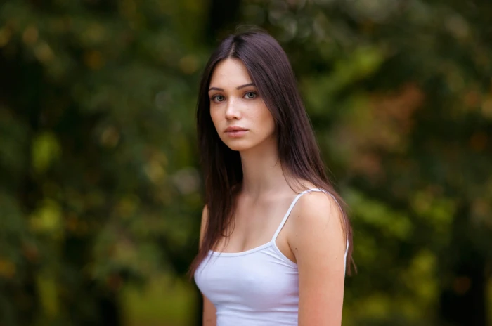 Maxim Romanov brunette portrait women outdoors bare shoulders 2k