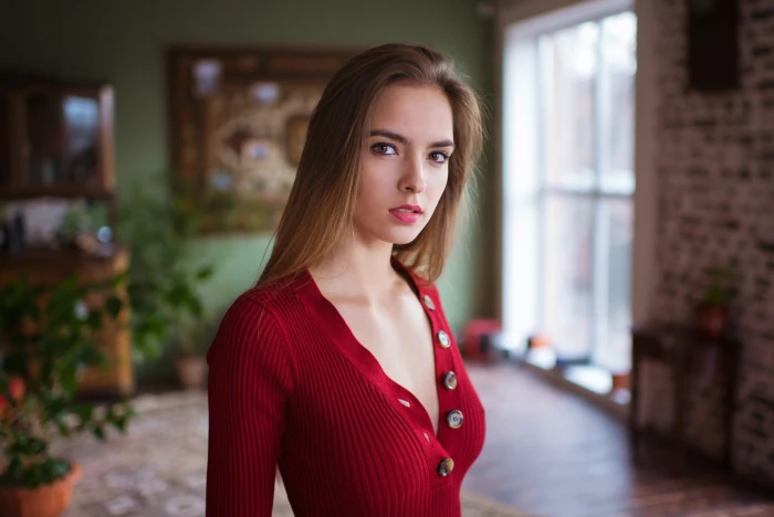 Maxim Romanov portrait brunette women indoors pink lipstick 2k