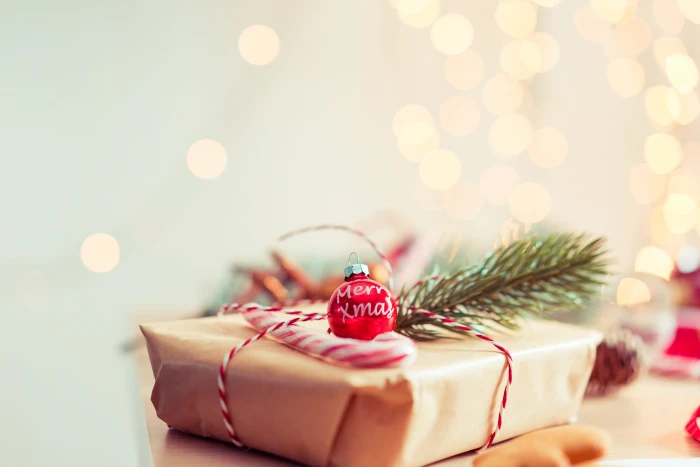 Merry Xmas Tree Decoration on Christmas Present bokeh christmas decoration 2k 4k 5k