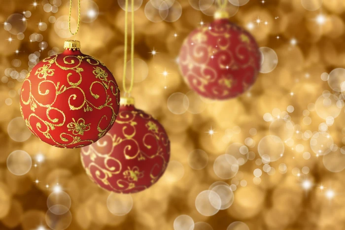new year christmas holidays balls red gold patterns bokeh 2k 4k