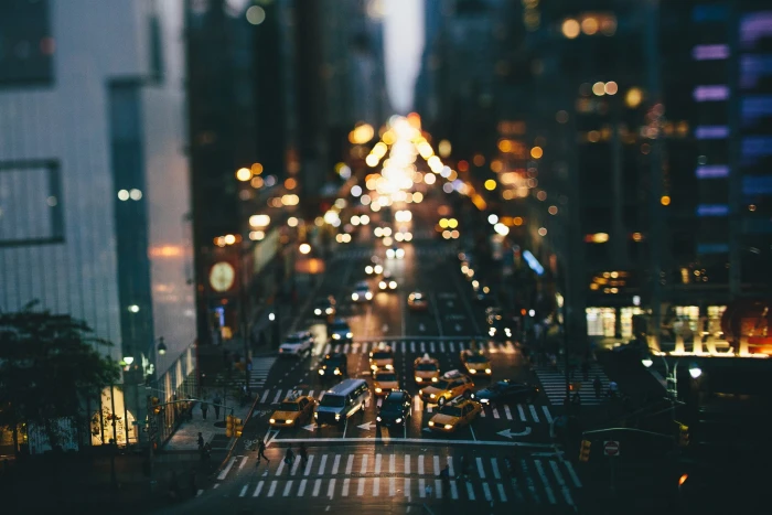 United States New York city lights diorama cars bokeh taxi 2k