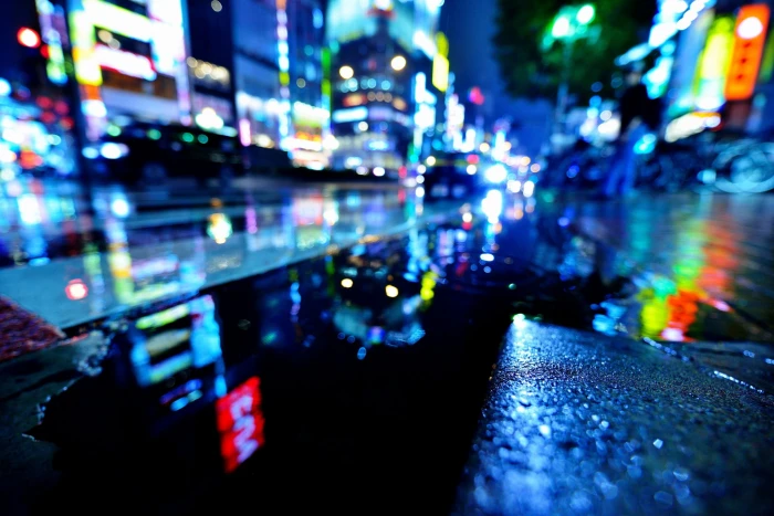 wet water night the city lights rain street Japan Tokyo 2k