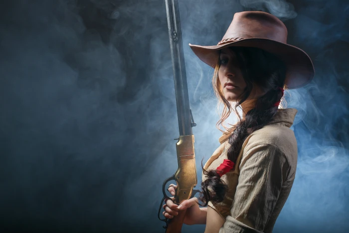 woman holding rifle wallpaper look style Winchester western 2k 4k 5k