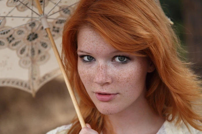 woman holding umbrella Mia Sollis redhead model women face 2k 4k 5k