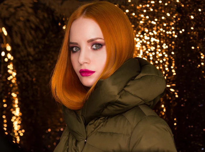 woman wearing puffer jacket with bokeh background portrait fashion 2k 4k 5k