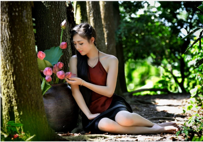 Women Asian Bokeh Girl Lotus Vase Vietnamese 2k