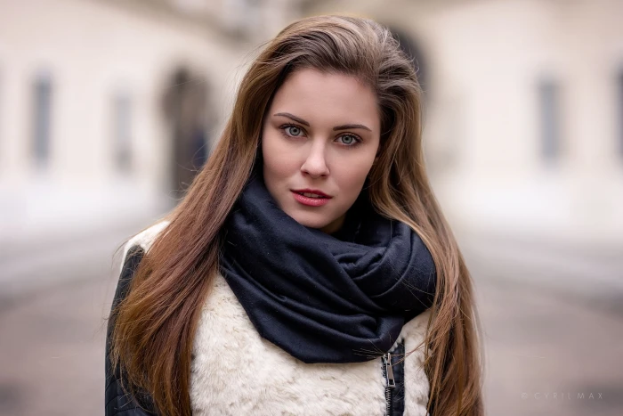 women brunette blue eyes open mouth looking at viewer scarf 2k