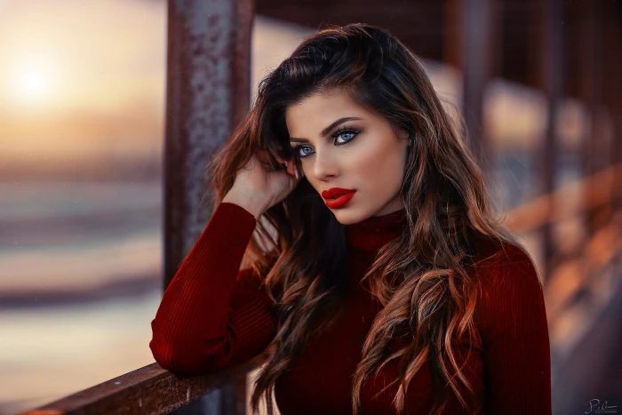 women brunette face portrait bokeh red lipstick blue eyes 2k