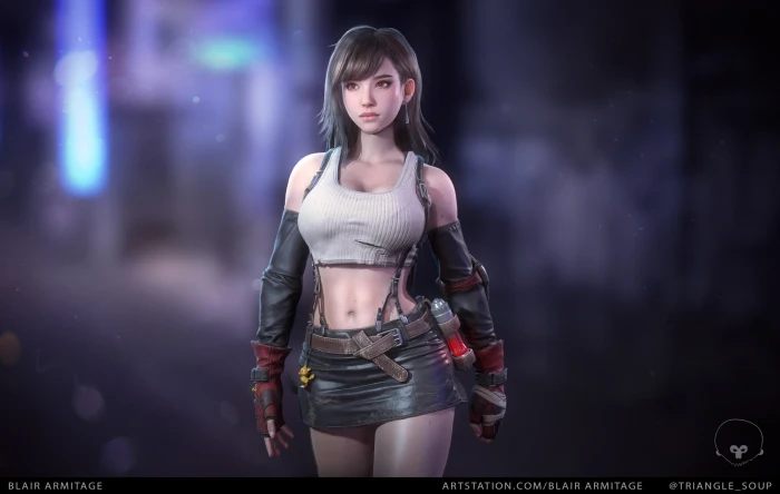 women digital art artwork crop top leather skirts Final Fantasy VII 2k