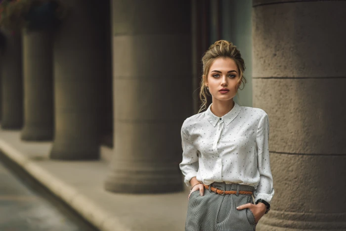 women model portrait looking at viewer shirt outdoors 2k