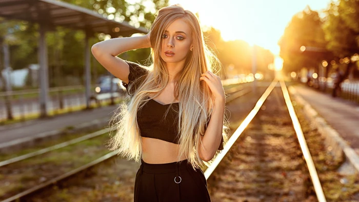 women s black cap sleeved crop top outdoors blonde face 2k