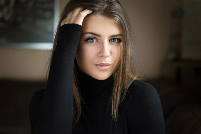 women s black long sleeved blouse brunette face portrait bokeh 2k