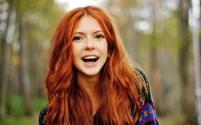 women s blue and green top redhead model looking at viewer 2k