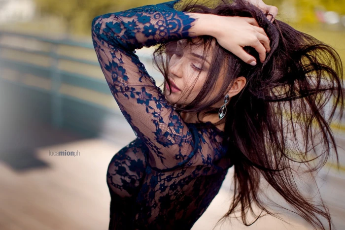 women s blue floral lace top pose hair dress brunette beauty 2k