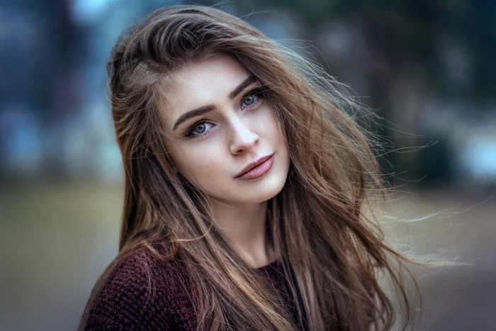 women s brown crew neck top girl Anna long hair photo blue eyes 2k