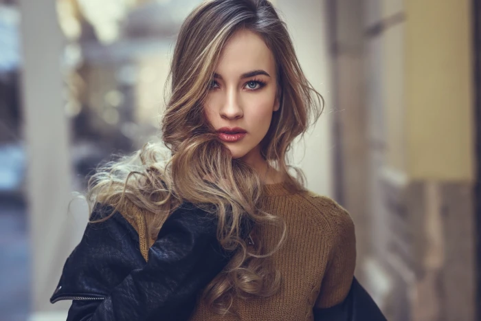 women s brown knitted sweater face blonde portrait depth of field 2k