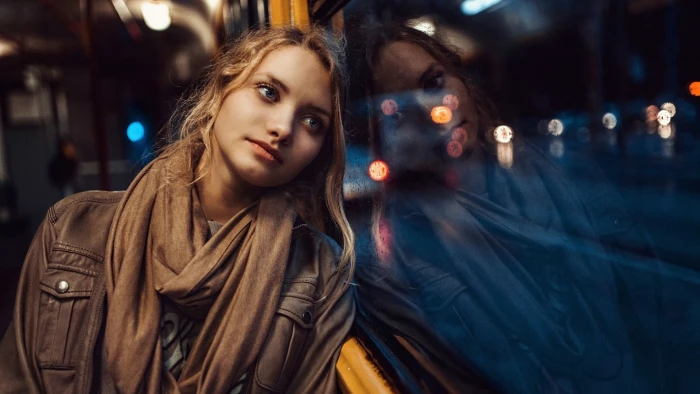 women s brown shawl focus photo of woman in leather jacket leaning on window 2k