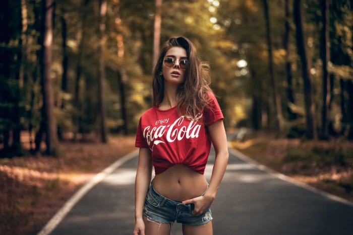 women s red Coca Cola crew neck top Sara Tessitore tanned road 2k