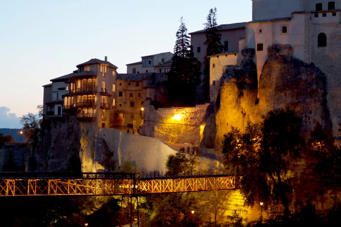 bridge canyon twilight hanging houses night lighting mystic 2k 4k 5k