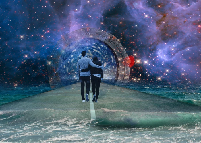 couple walking towards road stargate himmelstor science fiction 2k 4k