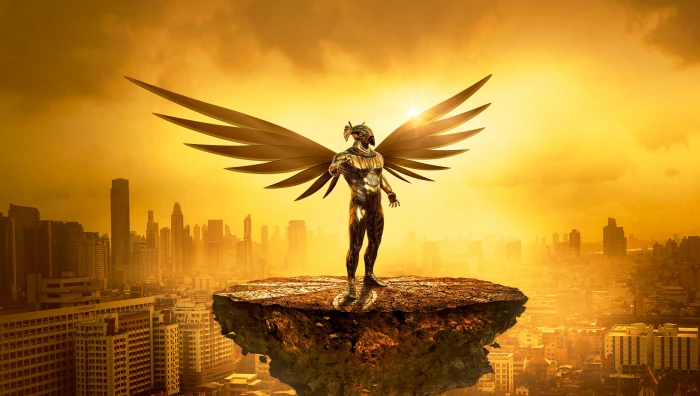 anime character illustration fantasy angel golden city light 2k 4k 5k
