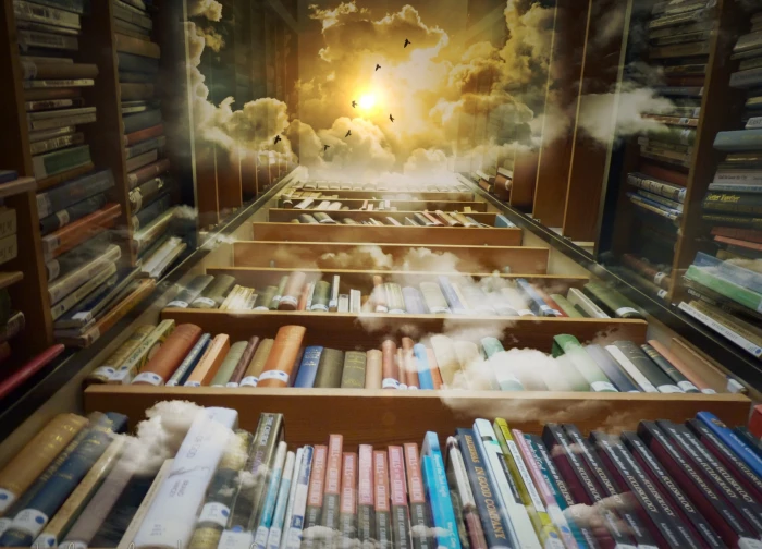 assorted books library sky birds mystical clouds sun fantastic 70 2k