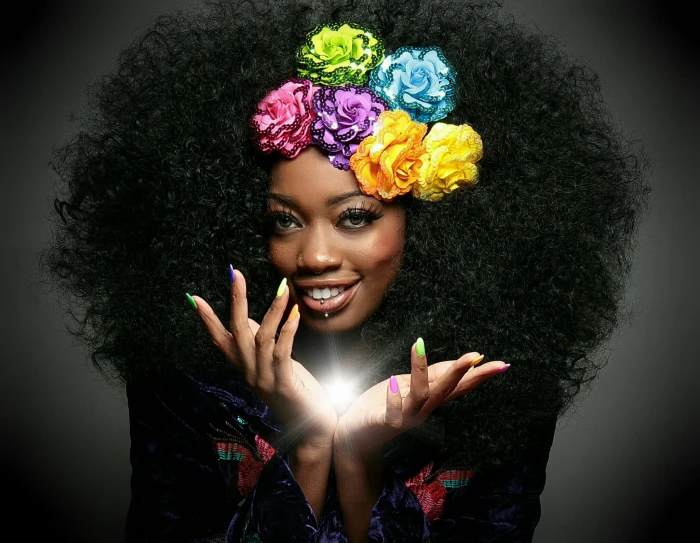 black haired woman with floral headband magic flowers fairy 2k